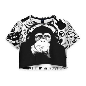 Женская футболка 3D укороченная с принтом Шимпанзе в наушниках в Курске, 100% полиэстер | круглая горловина, длина футболки до линии талии, рукава с отворотами | джаз | музыка | обезьяна | рок | шимпанзе в наущниках
