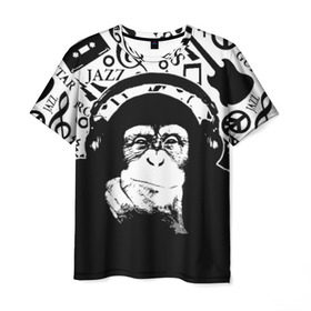 Мужская футболка 3D с принтом Шимпанзе в наушниках в Курске, 100% полиэфир | прямой крой, круглый вырез горловины, длина до линии бедер | джаз | музыка | обезьяна | рок | шимпанзе в наущниках