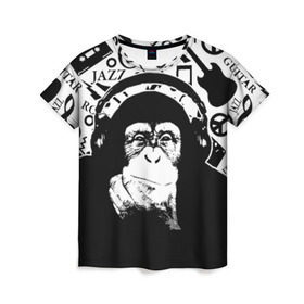 Женская футболка 3D с принтом Шимпанзе в наушниках в Курске, 100% полиэфир ( синтетическое хлопкоподобное полотно) | прямой крой, круглый вырез горловины, длина до линии бедер | джаз | музыка | обезьяна | рок | шимпанзе в наущниках