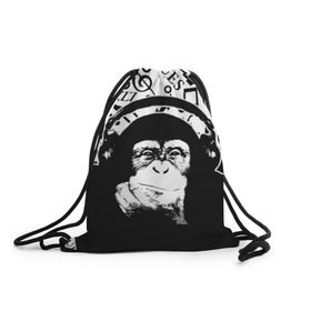 Рюкзак-мешок 3D с принтом Шимпанзе в наушниках в Курске, 100% полиэстер | плотность ткани — 200 г/м2, размер — 35 х 45 см; лямки — толстые шнурки, застежка на шнуровке, без карманов и подкладки | Тематика изображения на принте: джаз | музыка | обезьяна | рок | шимпанзе в наущниках