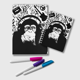Блокнот с принтом Шимпанзе в наушниках в Курске, 100% бумага | 48 листов, плотность листов — 60 г/м2, плотность картонной обложки — 250 г/м2. Листы скреплены удобной пружинной спиралью. Цвет линий — светло-серый
 | Тематика изображения на принте: джаз | музыка | обезьяна | рок | шимпанзе в наущниках