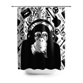 Штора 3D для ванной с принтом Шимпанзе в наушниках в Курске, 100% полиэстер | плотность материала — 100 г/м2. Стандартный размер — 146 см х 180 см. По верхнему краю — пластиковые люверсы для креплений. В комплекте 10 пластиковых колец | джаз | музыка | обезьяна | рок | шимпанзе в наущниках