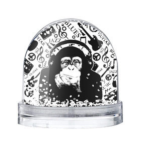 Снежный шар с принтом Шимпанзе в наушниках в Курске, Пластик | Изображение внутри шара печатается на глянцевой фотобумаге с двух сторон | джаз | музыка | обезьяна | рок | шимпанзе в наущниках
