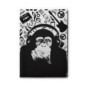 Обложка для автодокументов с принтом Шимпанзе в наушниках в Курске, натуральная кожа |  размер 19,9*13 см; внутри 4 больших “конверта” для документов и один маленький отдел — туда идеально встанут права | Тематика изображения на принте: джаз | музыка | обезьяна | рок | шимпанзе в наущниках