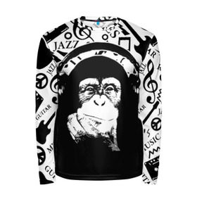 Мужской лонгслив 3D с принтом Шимпанзе в наушниках в Курске, 100% полиэстер | длинные рукава, круглый вырез горловины, полуприлегающий силуэт | Тематика изображения на принте: джаз | музыка | обезьяна | рок | шимпанзе в наущниках