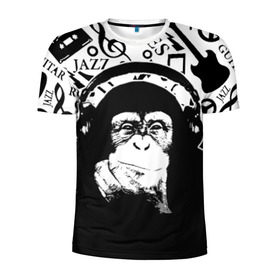 Мужская футболка 3D спортивная с принтом Шимпанзе в наушниках в Курске, 100% полиэстер с улучшенными характеристиками | приталенный силуэт, круглая горловина, широкие плечи, сужается к линии бедра | Тематика изображения на принте: джаз | музыка | обезьяна | рок | шимпанзе в наущниках