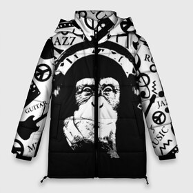 Женская зимняя куртка 3D с принтом Шимпанзе в наушниках в Курске,  |  | Тематика изображения на принте: джаз | музыка | обезьяна | рок | шимпанзе в наущниках