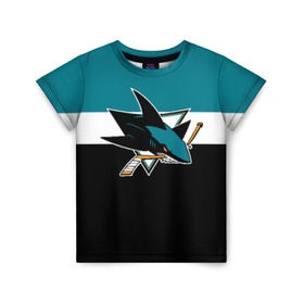 Детская футболка 3D с принтом San Jose Sharks в Курске, 100% гипоаллергенный полиэфир | прямой крой, круглый вырез горловины, длина до линии бедер, чуть спущенное плечо, ткань немного тянется | Тематика изображения на принте: hockey | nhl | san jose sharks | нхл | спорт | хоккей