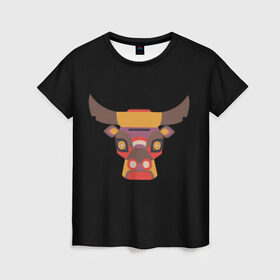 Женская футболка 3D с принтом Голова быка в Курске, 100% полиэфир ( синтетическое хлопкоподобное полотно) | прямой крой, круглый вырез горловины, длина до линии бедер | бык | голова | мозаика | рога | узор
