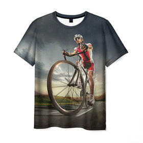 Мужская футболка 3D с принтом Велогонщик в Курске, 100% полиэфир | прямой крой, круглый вырез горловины, длина до линии бедер | extreme | вело | велосипед | шоссейный велосипед | экстрим