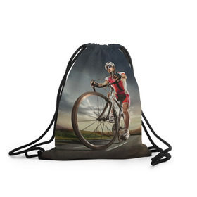 Рюкзак-мешок 3D с принтом Велогонщик в Курске, 100% полиэстер | плотность ткани — 200 г/м2, размер — 35 х 45 см; лямки — толстые шнурки, застежка на шнуровке, без карманов и подкладки | extreme | вело | велосипед | шоссейный велосипед | экстрим