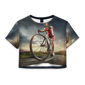 Женская футболка 3D укороченная с принтом Велогонщик в Курске, 100% полиэстер | круглая горловина, длина футболки до линии талии, рукава с отворотами | extreme | вело | велосипед | шоссейный велосипед | экстрим