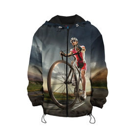 Детская куртка 3D с принтом Велогонщик в Курске, 100% полиэстер | застежка — молния, подол и капюшон оформлены резинкой с фиксаторами, по бокам — два кармана без застежек, один потайной карман на груди, плотность верхнего слоя — 90 г/м2; плотность флисового подклада — 260 г/м2 | extreme | вело | велосипед | шоссейный велосипед | экстрим