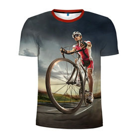 Мужская футболка 3D спортивная с принтом Велогонщик в Курске, 100% полиэстер с улучшенными характеристиками | приталенный силуэт, круглая горловина, широкие плечи, сужается к линии бедра | Тематика изображения на принте: extreme | вело | велосипед | шоссейный велосипед | экстрим