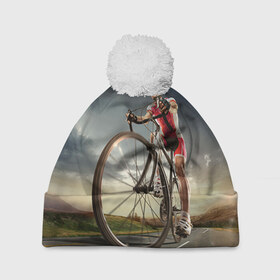 Шапка 3D c помпоном с принтом Велогонщик в Курске, 100% полиэстер | универсальный размер, печать по всей поверхности изделия | extreme | вело | велосипед | шоссейный велосипед | экстрим