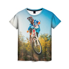 Женская футболка 3D с принтом МТБ в Курске, 100% полиэфир ( синтетическое хлопкоподобное полотно) | прямой крой, круглый вырез горловины, длина до линии бедер | extreme | вело | велосипед | маунтинбайк | мтб | экстрим