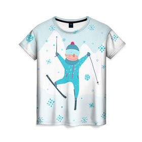 Женская футболка 3D с принтом Лыжник в Курске, 100% полиэфир ( синтетическое хлопкоподобное полотно) | прямой крой, круглый вырез горловины, длина до линии бедер | extreme | ski | skiing | горнолыжное | горные лыжи | лыжник | фристайл | экстрим
