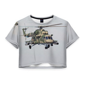 Женская футболка 3D укороченная с принтом МИ 8 в Курске, 100% полиэстер | круглая горловина, длина футболки до линии талии, рукава с отворотами | авиация | армия | ввс | вертолет | военная техника | ми 8 | ударный