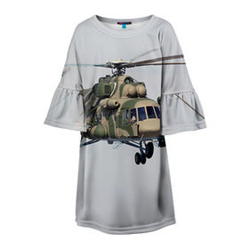 Детское платье 3D с принтом МИ 8 в Курске, 100% полиэстер | прямой силуэт, чуть расширенный к низу. Круглая горловина, на рукавах — воланы | Тематика изображения на принте: авиация | армия | ввс | вертолет | военная техника | ми 8 | ударный