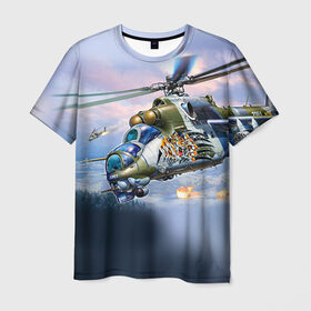 Мужская футболка 3D с принтом МИ 24 в Курске, 100% полиэфир | прямой крой, круглый вырез горловины, длина до линии бедер | Тематика изображения на принте: авиация | армия | боевой | ввс | вертолет | военная техника | крокодил | ми 24 | ударный