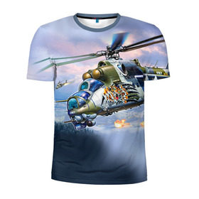 Мужская футболка 3D спортивная с принтом МИ 24 в Курске, 100% полиэстер с улучшенными характеристиками | приталенный силуэт, круглая горловина, широкие плечи, сужается к линии бедра | авиация | армия | боевой | ввс | вертолет | военная техника | крокодил | ми 24 | ударный