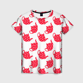 Женская футболка 3D с принтом Чайники в Курске, 100% полиэфир ( синтетическое хлопкоподобное полотно) | прямой крой, круглый вырез горловины, длина до линии бедер | горошек | орнамент. | чайники