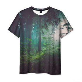 Мужская футболка 3D с принтом Таинственный лес в Курске, 100% полиэфир | прямой крой, круглый вырез горловины, длина до линии бедер | деревья | зелень | на макете изображен таинственный зеленый леслес
