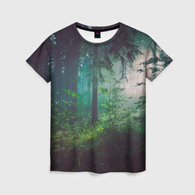 Женская футболка 3D с принтом Таинственный лес в Курске, 100% полиэфир ( синтетическое хлопкоподобное полотно) | прямой крой, круглый вырез горловины, длина до линии бедер | деревья | зелень | на макете изображен таинственный зеленый леслес