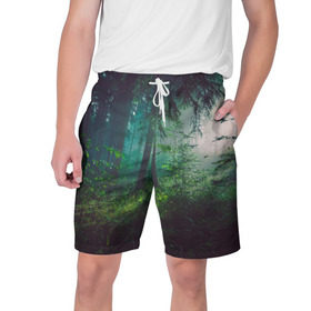 Мужские шорты 3D с принтом Таинственный лес в Курске,  полиэстер 100% | прямой крой, два кармана без застежек по бокам. Мягкая трикотажная резинка на поясе, внутри которой широкие завязки. Длина чуть выше колен | деревья | зелень | на макете изображен таинственный зеленый леслес