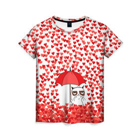 Женская футболка 3D с принтом Сердцепад в Курске, 100% полиэфир ( синтетическое хлопкоподобное полотно) | прямой крой, круглый вырез горловины, длина до линии бедер | зонтик | кот | сердитый | сердца | сердцепад