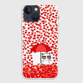 Чехол для iPhone 13 mini с принтом Сердцепад в Курске,  |  | Тематика изображения на принте: зонтик | кот | сердитый | сердца | сердцепад