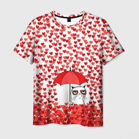 Мужская футболка 3D с принтом Сердцепад в Курске, 100% полиэфир | прямой крой, круглый вырез горловины, длина до линии бедер | зонтик | кот | сердитый | сердца | сердцепад