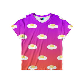 Детская футболка 3D с принтом Яичница в Курске, 100% гипоаллергенный полиэфир | прямой крой, круглый вырез горловины, длина до линии бедер, чуть спущенное плечо, ткань немного тянется | Тематика изображения на принте: еда | завтрак | яичница