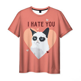 Мужская футболка 3D с принтом I hate you в Курске, 100% полиэфир | прямой крой, круглый вырез горловины, длина до линии бедер | 14 февраля | cat | i hate you | день святого валентина | кот | ненавижу 14 февраля | сердечки