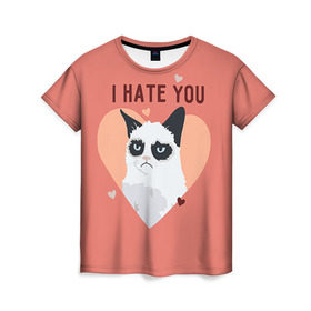 Женская футболка 3D с принтом I hate you в Курске, 100% полиэфир ( синтетическое хлопкоподобное полотно) | прямой крой, круглый вырез горловины, длина до линии бедер | 14 февраля | cat | i hate you | день святого валентина | кот | ненавижу 14 февраля | сердечки