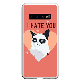 Чехол для Samsung Galaxy S10 с принтом I hate you в Курске, Силикон | Область печати: задняя сторона чехла, без боковых панелей | Тематика изображения на принте: 14 февраля | cat | i hate you | день святого валентина | кот | ненавижу 14 февраля | сердечки