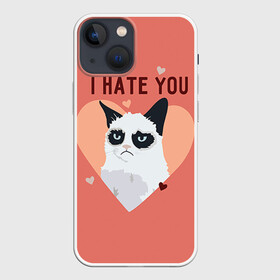 Чехол для iPhone 13 mini с принтом I hate you в Курске,  |  | 14 февраля | cat | i hate you | день святого валентина | кот | ненавижу 14 февраля | сердечки