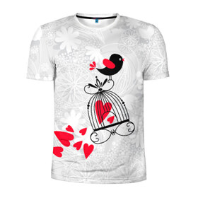 Мужская футболка 3D спортивная с принтом Птица на клетке в Курске, 100% полиэстер с улучшенными характеристиками | приталенный силуэт, круглая горловина, широкие плечи, сужается к линии бедра | Тематика изображения на принте: любовь | птица на клетке | сердца