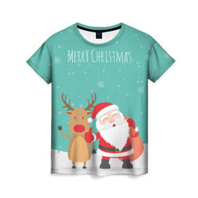 Женская футболка 3D с принтом Merry Christmas в Курске, 100% полиэфир ( синтетическое хлопкоподобное полотно) | прямой крой, круглый вырез горловины, длина до линии бедер | merry christmas | дед мороз | новый год | рождество