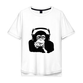 Мужская футболка хлопок Oversize с принтом Обезьяна в наушниках в Курске, 100% хлопок | свободный крой, круглый ворот, “спинка” длиннее передней части | Тематика изображения на принте: 2016 | наушники | обезьяна | символ | шимпанзе