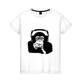 Женская футболка хлопок с принтом Обезьяна в наушниках в Курске, 100% хлопок | прямой крой, круглый вырез горловины, длина до линии бедер, слегка спущенное плечо | 2016 | наушники | обезьяна | символ | шимпанзе