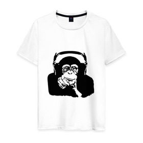 Мужская футболка хлопок с принтом Обезьяна в наушниках в Курске, 100% хлопок | прямой крой, круглый вырез горловины, длина до линии бедер, слегка спущенное плечо. | Тематика изображения на принте: 2016 | наушники | обезьяна | символ | шимпанзе