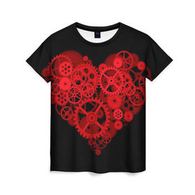 Женская футболка 3D с принтом Механическое сердце в Курске, 100% полиэфир ( синтетическое хлопкоподобное полотно) | прямой крой, круглый вырез горловины, длина до линии бедер | контраст | любовь | механическое | сердце | шестеренки