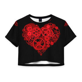 Женская футболка 3D укороченная с принтом Механическое сердце в Курске, 100% полиэстер | круглая горловина, длина футболки до линии талии, рукава с отворотами | контраст | любовь | механическое | сердце | шестеренки