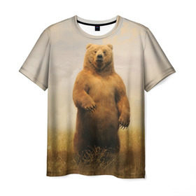 Мужская футболка 3D с принтом Медведь в поле в Курске, 100% полиэфир | прямой крой, круглый вырез горловины, длина до линии бедер | Тематика изображения на принте: bear | медведь | одуванчики | русский медведь в чистом русском поле мечта патриотаполе | сено