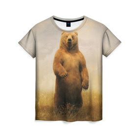 Женская футболка 3D с принтом Медведь в поле в Курске, 100% полиэфир ( синтетическое хлопкоподобное полотно) | прямой крой, круглый вырез горловины, длина до линии бедер | bear | медведь | одуванчики | русский медведь в чистом русском поле мечта патриотаполе | сено