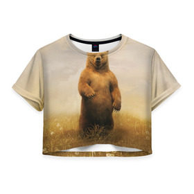 Женская футболка 3D укороченная с принтом Медведь в поле в Курске, 100% полиэстер | круглая горловина, длина футболки до линии талии, рукава с отворотами | bear | медведь | одуванчики | русский медведь в чистом русском поле мечта патриотаполе | сено