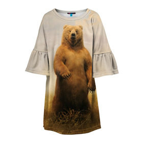 Детское платье 3D с принтом Медведь в поле в Курске, 100% полиэстер | прямой силуэт, чуть расширенный к низу. Круглая горловина, на рукавах — воланы | bear | медведь | одуванчики | русский медведь в чистом русском поле мечта патриотаполе | сено