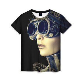 Женская футболка 3D с принтом Девушка steampunk в Курске, 100% полиэфир ( синтетическое хлопкоподобное полотно) | прямой крой, круглый вырез горловины, длина до линии бедер | девушка steampunk | киберпанк | кожа | очки | шляпа