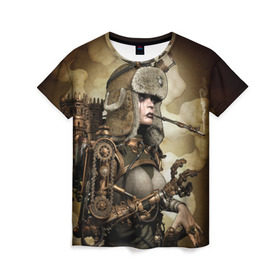 Женская футболка 3D с принтом Девушка steampunk в Курске, 100% полиэфир ( синтетическое хлопкоподобное полотно) | прямой крой, круглый вырез горловины, длина до линии бедер | девушка steampunk | киберпанк | очки | шапка